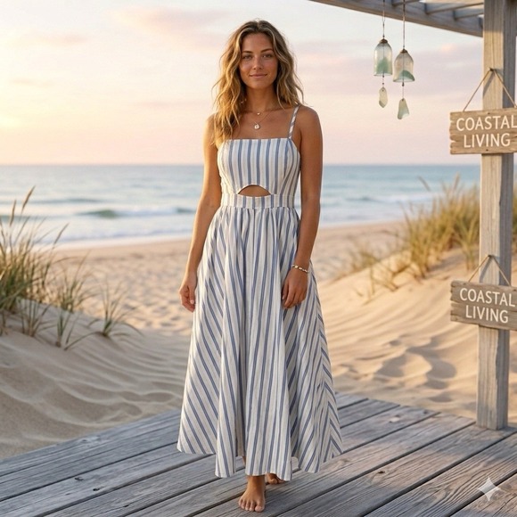Nine West Dresses & Skirts - Nine West Midi Dress XS Blue White Stripe Cutout Smocked Back Coastal Beachy
